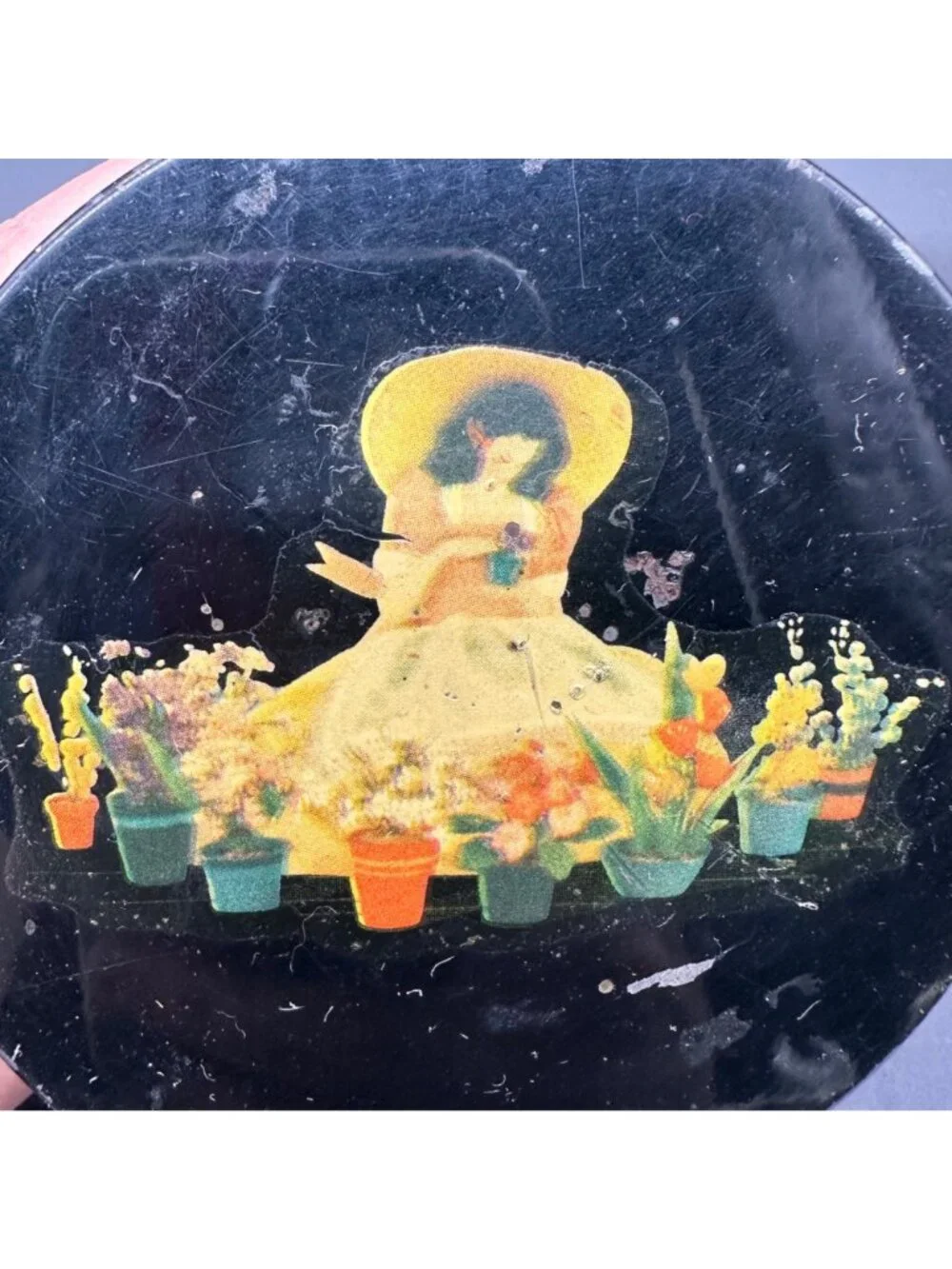 Vintage Glass Jar Black Lid Decoupage Woman Floral Garden Ball USA Mid Century